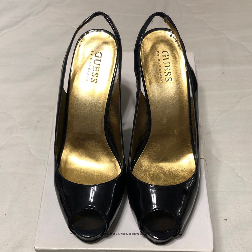 Guess by Marciano Black Patent Peep-Toe Slingback Heels with Gold Insole 7.5M